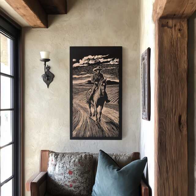 Cowboy in The Desert Engraved Birch Wood Panel - Block Print Inspired Western Wall Art, On Horse Illustration, Ranch Home Decor Gift - image 1