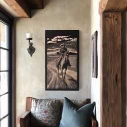 Cowboy in The Desert Engraved Birch Wood Panel - Block Print Inspired Western Wall Art, On Horse Illustration, Ranch Home Decor Gift - thumbnail 1