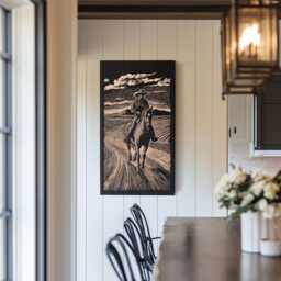 Cowboy in The Desert Engraved Birch Wood Panel - Block Print Inspired Western Wall Art, On Horse Illustration, Ranch Home Decor Gift - thumbnail 2