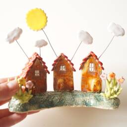 Handmade Ceramic Miniature House Rustic Sun & Clouds Decor - thumbnail 4