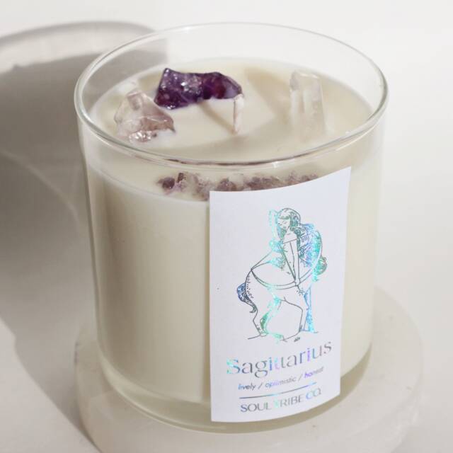 Sagittarius Zodiac Candle Crystal-Infused Soy Wax Candle, Egyptian Amber Scent - image 1