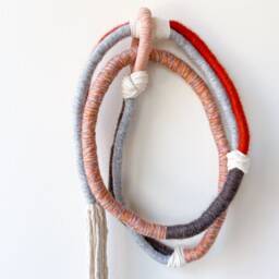 Textured Wrapped Rope Wall Hanging, Bohemian Macrame Knot Art in Orange & Brown, Modern Cotton - thumbnail 2