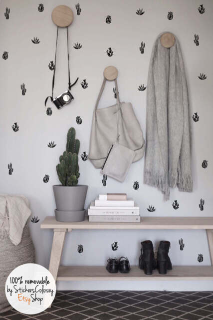 Cacti Pattern Wall Decal, Linocut Sticker, Black Plant Graphic Decor, Wallpaper Effect Sticker Set, Succulents Decor #9S - image 1