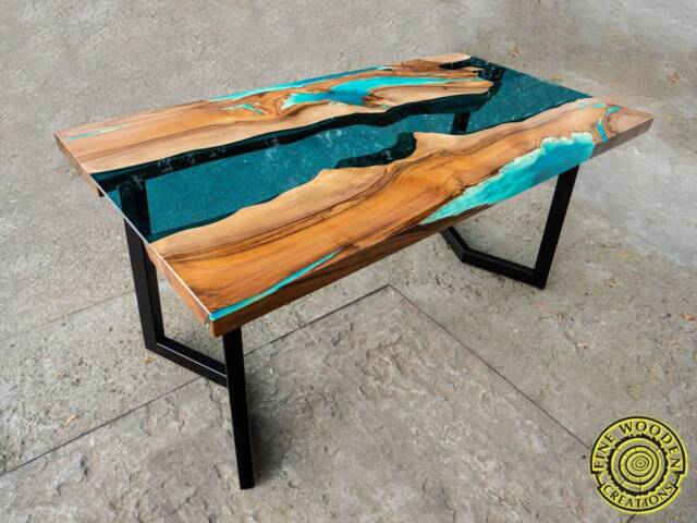 Live Edge 3D Effect River Dining Table With Turquoise Glowing Resin, Walnut Wood - image 1
