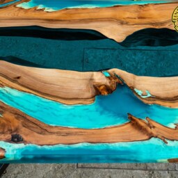 Live Edge 3D Effect River Dining Table With Turquoise Glowing Resin, Walnut Wood - thumbnail 4