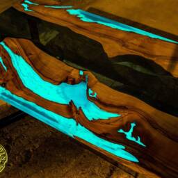 Live Edge 3D Effect River Dining Table With Turquoise Glowing Resin, Walnut Wood - thumbnail 3