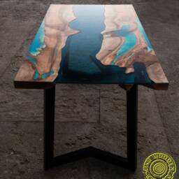 Live Edge 3D Effect River Dining Table With Turquoise Glowing Resin, Walnut Wood - thumbnail 2