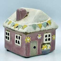 Pink Ceramic Tea Light Cottage With Flowers & Bunting Decorations - thumbnail 2