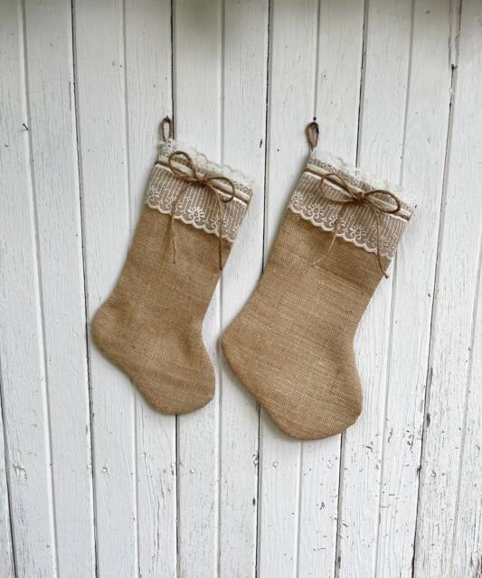 Burlap & Lace Christmas Stocking-Personalize With A Name-Shabby Chic-Natural/Folk/Country/Rustic-Burlap Decor - image 1