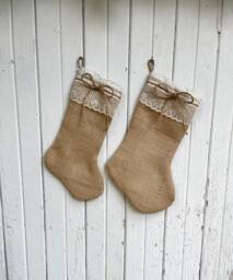 Burlap & Lace Christmas Stocking-Personalize With A Name-Shabby Chic-Natural/Folk/Country/Rustic-Burlap Decor - thumbnail 1