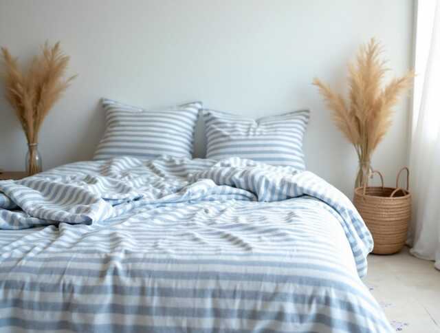 Blue Stripe Cotton Bedding Set 1 Duvet Cover & 2 Pillowcases Soft Checkered Cozy Bedroom Decor - image 1