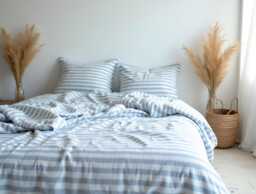 Blue Stripe Cotton Bedding Set 1 Duvet Cover & 2 Pillowcases Soft Checkered Cozy Bedroom Decor - thumbnail 1