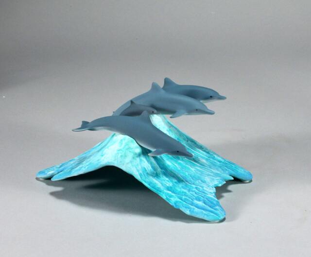 Dolphins Sculpture Decor Figurine By John Perry Pod 8In Long Statue Airbrushed On Blue Wave - image 1