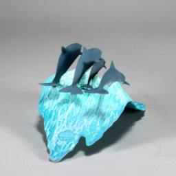 Dolphins Sculpture Decor Figurine By John Perry Pod 8In Long Statue Airbrushed On Blue Wave - thumbnail 2
