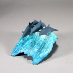 Dolphins Sculpture Decor Figurine By John Perry Pod 8In Long Statue Airbrushed On Blue Wave - thumbnail 3