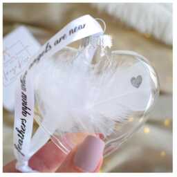 Glass Heart Memorial Bauble. Gift Boxed. Remember Lost Loved Ones. Christmas Tree Decoration. Real Feather. Mum Dad Nan Grandad Baby Son - thumbnail 2