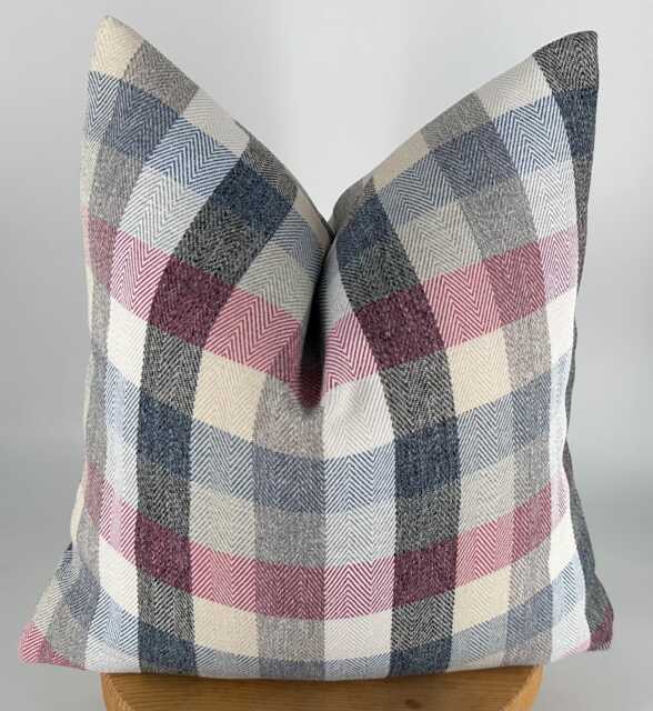 Pink Blue & Gray Checkered Throw Pillow, Neutral Plaid Pillow Cover, Farmhouse Decor, Rustic Cushion Cover - image 1