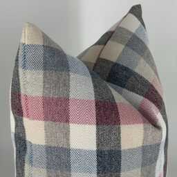 Pink Blue & Gray Checkered Throw Pillow, Neutral Plaid Pillow Cover, Farmhouse Decor, Rustic Cushion Cover - thumbnail 3