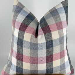 Pink Blue & Gray Checkered Throw Pillow, Neutral Plaid Pillow Cover, Farmhouse Decor, Rustic Cushion Cover - thumbnail 4