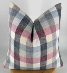Pink Blue & Gray Checkered Throw Pillow, Neutral Plaid Pillow Cover, Farmhouse Decor, Rustic Cushion Cover - thumbnail 1