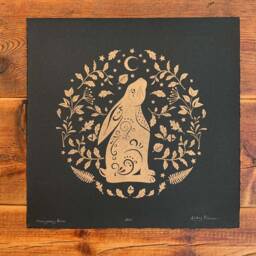 Moon Gazing Hare Original Linocut Print - Gold On Black Limited Edition Large 39cm Square - thumbnail 3