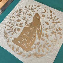 Moon Gazing Hare Original Linocut Print - Gold On Black Limited Edition Large 39cm Square - thumbnail 2