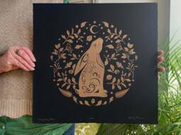 Moon Gazing Hare Original Linocut Print - Gold On Black Limited Edition Large 39cm Square - thumbnail 1
