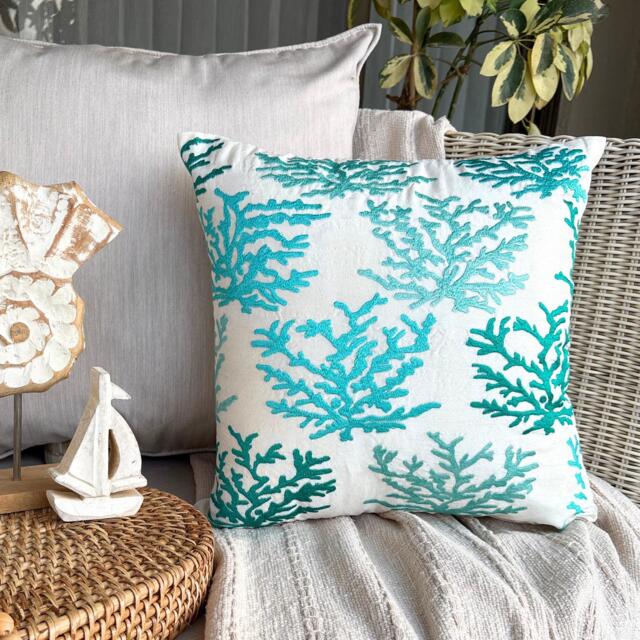 Cotton Linen Embroidered Blue Sea Creatures Pattern, 24x24/26x26, Beach Style Euro Sham - Caribbean Coast - image 1