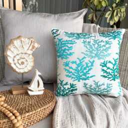 Cotton Linen Embroidered Blue Sea Creatures Pattern, 24x24/26x26, Beach Style Euro Sham - Caribbean Coast - thumbnail 2