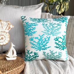 Cotton Linen Embroidered Blue Sea Creatures Pattern, 24x24/26x26, Beach Style Euro Sham - Caribbean Coast - thumbnail 1