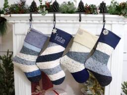 Quilted Christmas Stocking Blue Farmhouse Decor, Embroidered Cuff Option