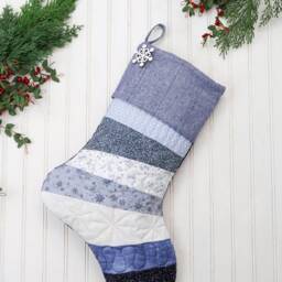 Quilted Christmas Stocking Blue Farmhouse Decor, Embroidered Cuff Option - thumbnail 2