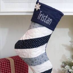 Quilted Christmas Stocking Blue Farmhouse Decor, Embroidered Cuff Option - thumbnail 3