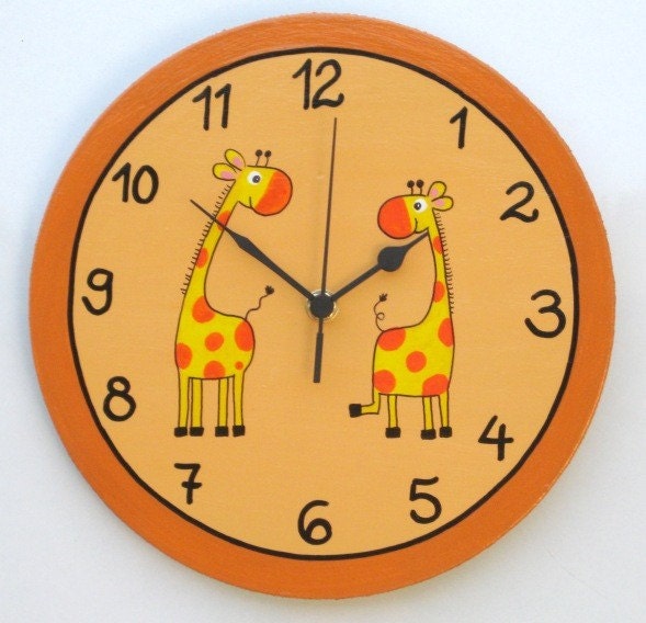 Orange Peach Wooden Wall Clock With Giraffes Painting - image 1