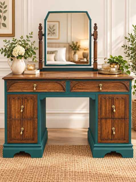 Solid Oak Painted Dressing Table With Mirror - image 1