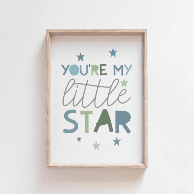 Little Star Print, Boys Blue Nursery Prints, Baby Boy Room, Wall Art, Room Decor, Bedroom, Muted & Green - image 1