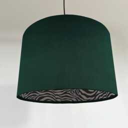Green Velvet Drum Lampshade, Double Sided Lampshade With Zebra Print Cotton Interior, Ceiling Light Shade