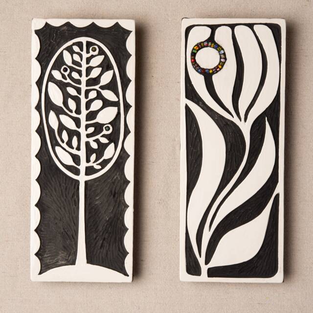 Tree Of Life/Tulip - Choose From 2 Vertical Wall Art, Black & White, Handmade Ceramic Tile Mounted Art - Stick Mini Made To Order - image 1
