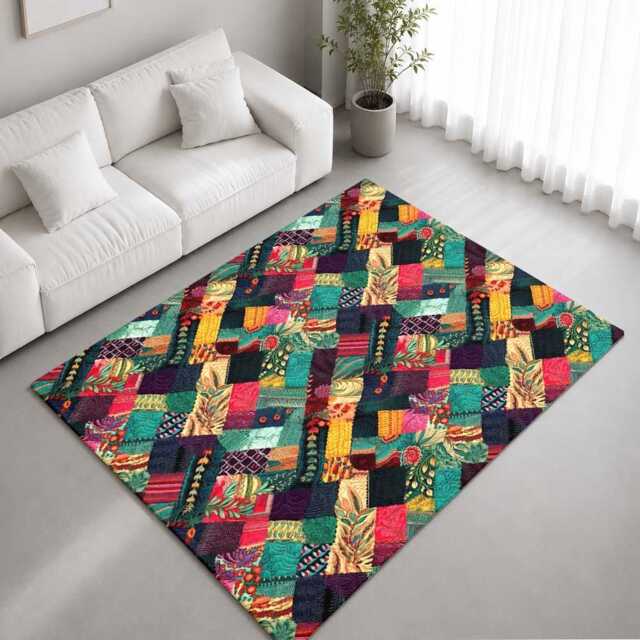 Jewel Tone Floral Patchwork Quilt Pattern Rug Non-Slip Soft Area Carpet Bedroom Living Room Hallway Mat Decor - Made in UK - image 1