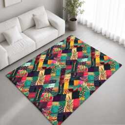 Jewel Tone Floral Patchwork Quilt Pattern Rug Non-Slip Soft Area Carpet Bedroom Living Room Hallway Mat Decor - Made in UK