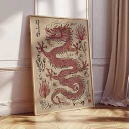 Red Chinese Dragon Poster - Traditional Asian Art Print Vintage Wall Decor - thumbnail 3