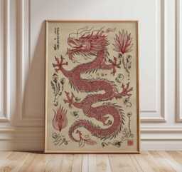 Red Chinese Dragon Poster - Traditional Asian Art Print Vintage Wall Decor - thumbnail 1