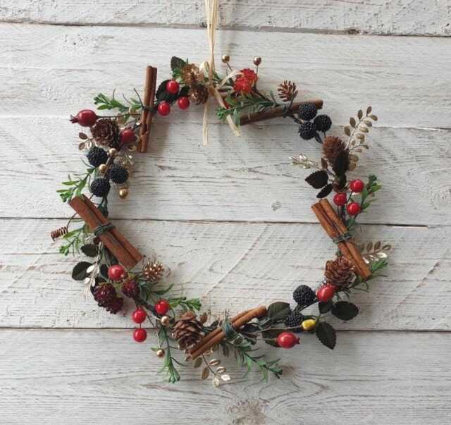 Christmas Door Wreath Delicate & Small, Red Black Berries, Gold Leaves, Cinnamon Sticks, Greenery, Dainty Natural, Pine Cones, Rose Hips - image 1