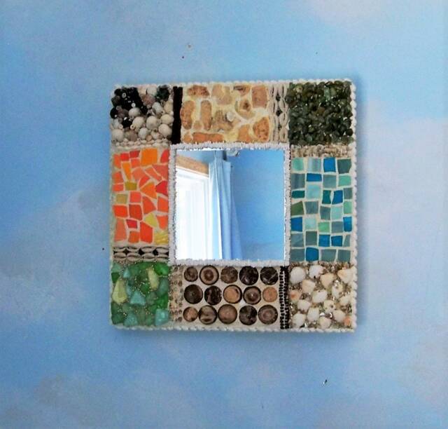 Mosaic Square Mirror, Shell Pebble Glass Frame, Rustic Bathroom Decor - image 1