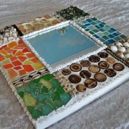 Mosaic Square Mirror, Shell Pebble Glass Frame, Rustic Bathroom Decor - thumbnail 4