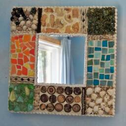 Mosaic Square Mirror, Shell Pebble Glass Frame, Rustic Bathroom Decor - thumbnail 2