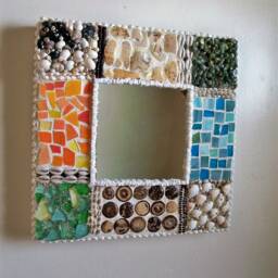 Mosaic Square Mirror, Shell Pebble Glass Frame, Rustic Bathroom Decor - thumbnail 3