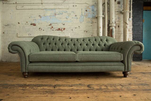 British Handmade 3 Seater Khaki Green Herringbone Wool Chesterfield Sofa - image 1