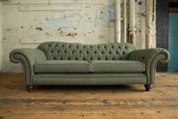 British Handmade 3 Seater Khaki Green Herringbone Wool Chesterfield Sofa - thumbnail 1