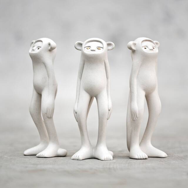 White Ceramic Minky - Handcrafted & Brass Monkey Art Toy - image 1